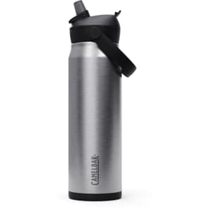 A drink bottle featuring a stainless steel body with a black flip straw lid and a logo.