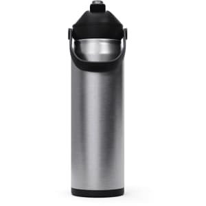 A drink bottle with a sleek stainless steel design and a black flip straw lid. It features a sturdy carrying handle.