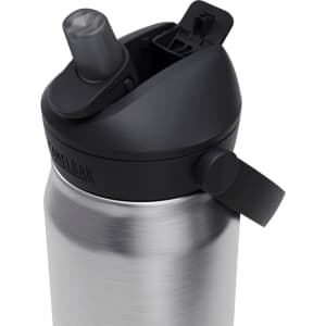 A drink bottle featuring a stainless steel body and a black flip straw lid, with a logo on the side.