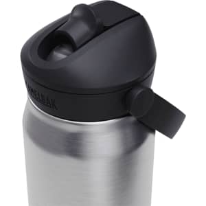 A drink bottle made of stainless steel with a black top and flip straw, featuring a logo.