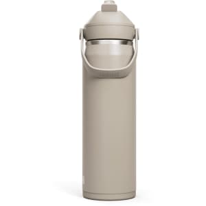 A drink bottle in a light brown shade with a flip straw and a carrying handle, featuring a logo.