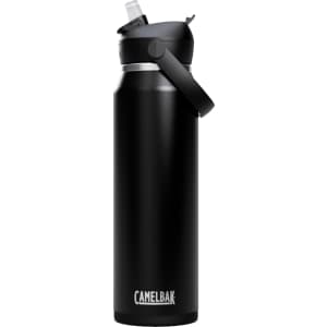 A drink bottle in black with a flip straw cap and a carry handle, featuring a logo on the front.