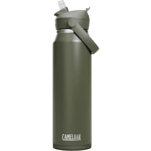 A drink bottle in olive green with a flip straw lid and a handle, featuring a logo on the side.