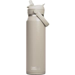 A drink bottle in light beige with a flip straw and a carry handle, featuring a logo.