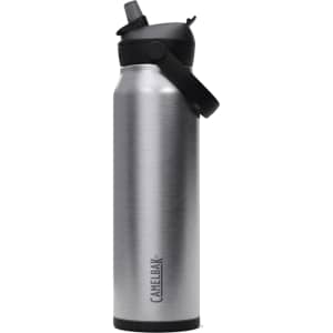 A drink bottle in silver with a black flip straw lid, featuring a handle and branding.