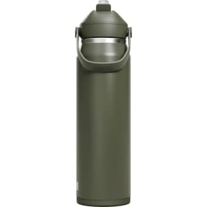 A drink bottle in olive green with a grey lid and a carry handle, featuring a logo.