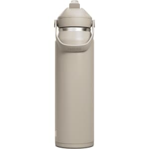 A drink bottle in a muted beige colour with a Flip Straw and a handle, featuring a logo.