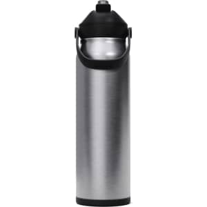 A drink bottle with a shiny silver stainless steel body and a black flip straw lid. It features a built-in handle.