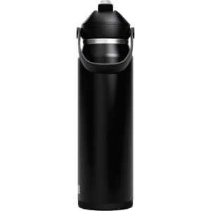 A drink bottle in sleek black with a flip straw lid and a carrying handle. It features a logo on the body.