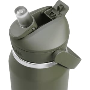 A drink bottle in olive green, featuring a flip straw and a secured lid with a spout; includes a logo.