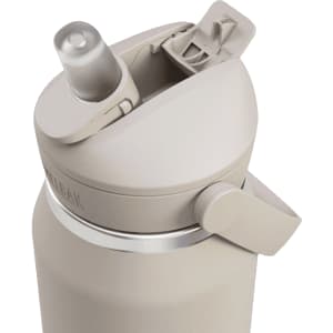 A drink bottle in a light beige colour featuring a flip straw and a secure cap, with a logo on the body.