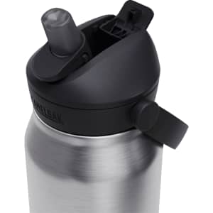 A drink bottle with a stainless steel body and a black, flip-top straw lid, featuring a logo.