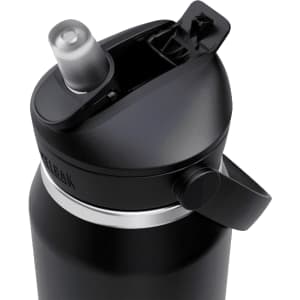 A drink bottle with a flip straw design, featuring a black body and a silver accent. It has a logo on the side.