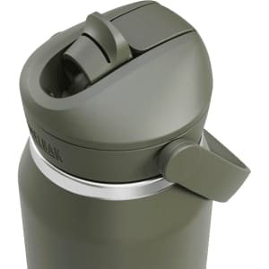 A drink bottle in dark green featuring a flip straw and a silver accent around the top, with a logo on the side.