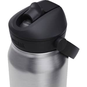 A drink bottle with a stainless steel body and a black flip straw lid, featuring an attached handle.