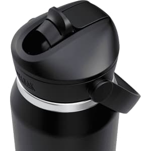 A drink bottle with a black finish and a flip straw lid, featuring a silver band and a logo.