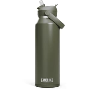 A drink bottle in olive green with a flip straw and a handle, featuring a brand logo.