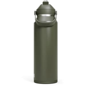 A drink bottle in olive green with a flip straw lid and a carrying handle, featuring a logo.