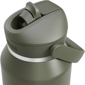 A drink bottle in olive green with a flip straw and a handle, featuring a circular cap and a visible logo.