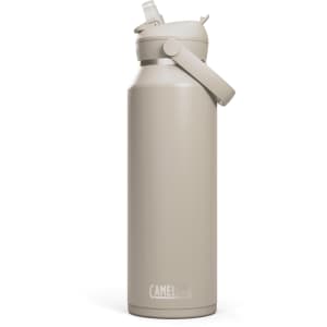 A drink bottle in a light beige colour with a flip straw and a side handle, featuring a logo.