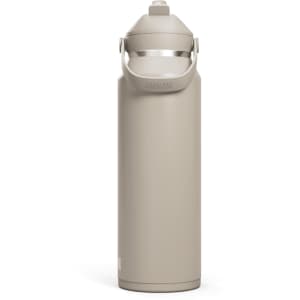A drink bottle in a light beige colour with a flip straw and a carrying handle, featuring a logo.