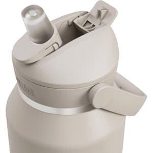 A drink bottle in beige with a flip straw lid and a side handle, featuring a logo.