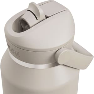 A drink bottle in a light beige colour with a flip straw lid and a side handle. It features a logo on the side.