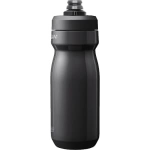 A drink bottle in matte black finished stainless steel with a slim design and cap for easy drinking, featuring a logo.