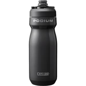 A drink bottle in black with a contoured shape, featuring a branded logo and a push-pull cap.
