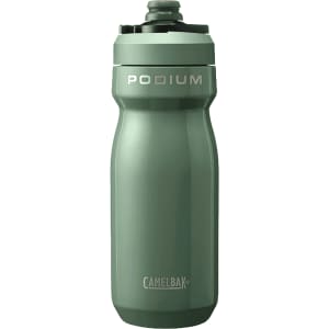 A drink bottle in a muted green colour, featuring a textured body and a screw-on cap, along with a logo.