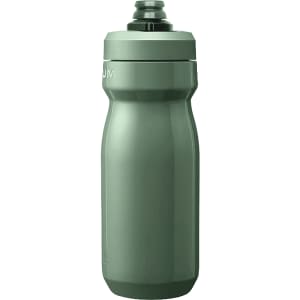 A drink bottle in a muted green shade, featuring a streamlined design and a cap with a nozzle. It has a logo.