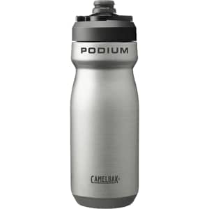 A drink bottle made of insulated steel, featuring a silver finish and a black lid with a logo.