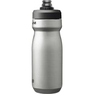A drink bottle in stainless steel, featuring a black lid and a logo. It's insulated and has a capacity of 0.5L.