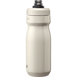 A drink bottle in a matte light grey finish with a black lid, featuring a logo on the side.