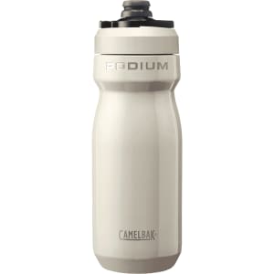 A drink bottle in white with a grey cap, featuring a logo and a streamlined design.
