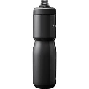 A drink bottle in black with a streamlined design and a screw top lid, featuring a logo.