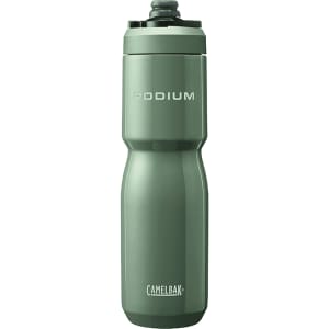 A drink bottle in a muted green colour, featuring a sleek design and a logo. It has a screw-on lid and a spout.
