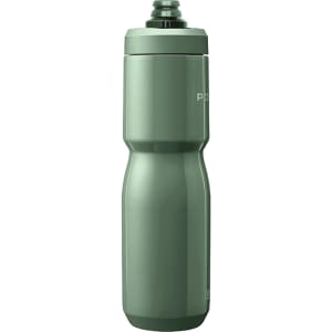 A drink bottle in a sleek, matte green finish with a branding logo on the side.