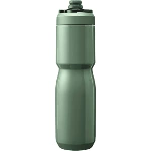A drink bottle in a matte green finish with a curved design and a black cap, featuring a logo.