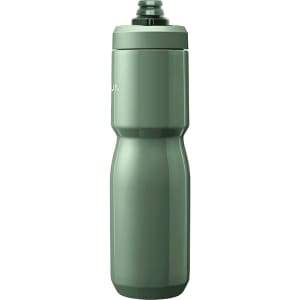 A drink bottle in a muted green colour, featuring an insulated steel design and a branding logo.