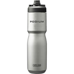 A drink bottle in silver stainless steel with a black and grey lid, featuring a logo on the body.