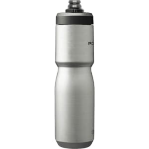 A drink bottle in polished silver stainless steel, featuring a black lid and a branding logo.