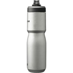 A drink bottle in stainless steel with a tapered design and a black lid, featuring a logo.