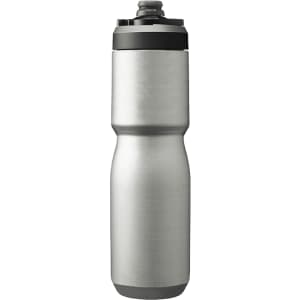 A drink bottle in stainless steel with a black lid and a logo. It has a capacity of 0.65L.