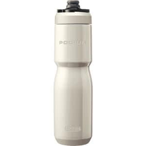 A drink bottle in a sleek, stainless steel design, featuring a white finish and a branded lid.