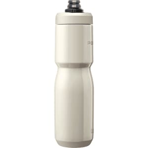 A drink bottle in matte white with a black cap and a slim, ergonomic design. It features a logo on the side.