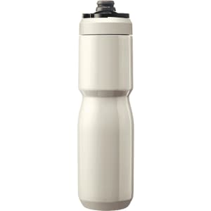 A drink bottle in a light cream colour with a sleek, insulated design and a black cap. It features a brand logo.