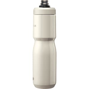 A drink bottle in a sleek, insulated design, featuring a white finish and a black cap, with branding visible.