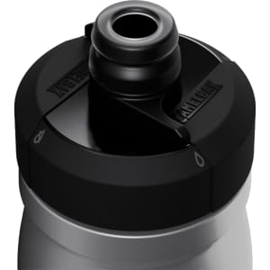A drink bottle with a stainless steel body and a black, spill-proof cap, featuring a logo.