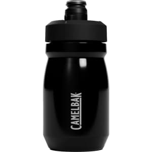 A drink bottle in black with a sports cap, featuring a logo on the front.